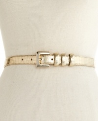 Sink your teeth into this skinny belt from Nine West. Finished with a metallic, faux-lizard look for added exoticism. Sink your teeth into this skinny belt from Nine West. Finished with a metallic, faux-lizard look for added exoticism.