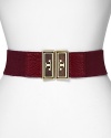 With gold-tone hardware, Tory Burch's elastic belt is a logo-stamped pick-up. For easy elegance, wear it over a classic day dress with gleaming extras.