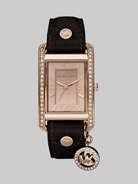 A glamorous, chic design with a chocolate brown leather strap and sparkling Swarovski crystals.Quartz movement Water resistant to 5 ATM Rose goldplated stainless steel rectangular case, 32mm x 36mm, (1.25 x 1.02) Swarovski crystals along side case Light rose gold dial Arabic numeral and index hour markers Second hand Swarovski crystal logo charm Leather strap Buckle closure Imported A glamorous, chic design with a chocolate brown leather strap and sparkling Swarovski crystals.Quartz movement Water resistant to 5 ATM Rose goldplated stainless steel rectangular case, 32mm x 36mm, (1.25 x 1.02) Swarovski crystals along side case Light rose gold dial Arabic numeral and index hour markers Second hand Swarovski crystal logo charm Leather strap Buckle closure Imported