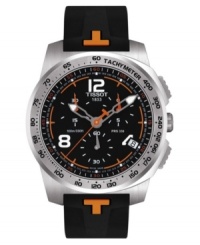 Durable, sporty style with incredible functionality by Tissot. This watch features a black rubber strap with orange accents and round stainless steel case. Black chronograph dial with logo, date window, orange accents, three subdials and numerals at eight o'clock and twelve o'clock. Quartz movement. Water resistant to 100 meters. Two-year limited warranty. Durable, sporty style with incredible functionality by Tissot. This watch features a black rubber strap with orange accents and round stainless steel case. Black chronograph dial with logo, date window, orange accents, three subdials and numerals at eight o'clock and twelve o'clock. Quartz movement. Water resistant to 100 meters. Two-year limited warranty.