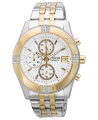 A detailed chronograph timepiece built with golden shine and crystal sparkle from Citizen's Quartz collection. A detailed chronograph timepiece built with golden shine and crystal sparkle from Citizen's Quartz collection.