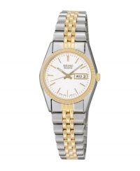 This classic two-tone bracelet watch is ideal for every day featuring precision quartz movement, hardlex crystal and date display on an easy-to-read white dial. Carries Seiko's 3-year limited warranty. 24mm This classic two-tone bracelet watch is ideal for every day featuring precision quartz movement, hardlex crystal and date display on an easy-to-read white dial. Carries Seiko's 3-year limited warranty. 24mm
