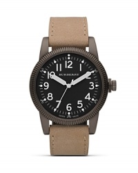 Burberry's military-inspired round-faced watch boasts a classic British look with surplus quality, a fact that makes it a spot-on timepiece for urban adventures. Burberry's military-inspired round-faced watch boasts a classic British look with surplus quality, a fact that makes it a spot-on timepiece for urban adventures.