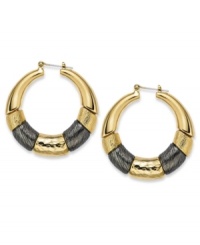 The luxe combo of hematite and gold tones create a lovely look to these Alfani hoop earrings. Crafted in gold tone mixed metal. Approximate diameter: 1-3/8 inches. The luxe combo of hematite and gold tones create a lovely look to these Alfani hoop earrings. Crafted in gold tone mixed metal. Approximate diameter: 1-3/8 inches.