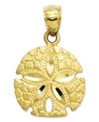 Seaside style. This sweet sand dollar charm is crafted in 14k gold with a unique cut-out design. Chain not included. Approximate length: 9/10 inch. Approximate width: 6/10 inch. Seaside style. This sweet sand dollar charm is crafted in 14k gold with a unique cut-out design. Chain not included. Approximate length: 9/10 inch. Approximate width: 6/10 inch.