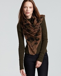 Burberry combines a whimsical feather print with rich hues for a silk scarf that exudes high-style. Burberry combines a whimsical feather print with rich hues for a silk scarf that exudes high-style.