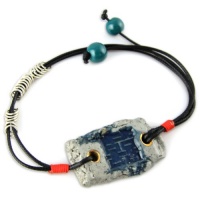 Painted Blue Oriental Stamp With Fine Gold Detail - Silver Rings And Aqua Green Beads - Rectangular Gray Musk Hand Made Ceramic - Black Adjustable Bracelet Painted Blue Oriental Stamp With Fine Gold Detail - Silver Rings And Aqua Green Beads - Rectangular Gray Musk Hand Made Ceramic - Black Adjustable Bracelet