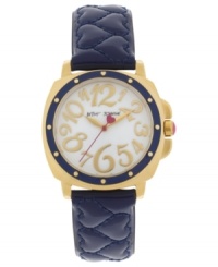 A lovely Betsey Johnson watch with a darling quilted heart pattern on a bold blue leather strap. A lovely Betsey Johnson watch with a darling quilted heart pattern on a bold blue leather strap.