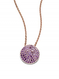 THE LOOKFrom the Fearless Eye CollectionRose-gold-tone chain and diskPurple pave Cubic Zirconia pendantSpring ring closureTHE FITChain, about 18 longPendant, about ½ in diameterTHE MATERIALSterling silverCubic ZirconiaORIGINImported THE LOOKFrom the Fearless Eye CollectionRose-gold-tone chain and diskPurple pave Cubic Zirconia pendantSpring ring closureTHE FITChain, about 18 longPendant, about ½ in diameterTHE MATERIALSterling silverCubic ZirconiaORIGINImported