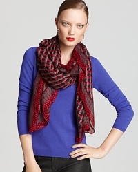 Casual and cool, this sheer MARC BY MARC JACOBS scarf goes geometric with a pink, gray and red print. Casual and cool, this sheer MARC BY MARC JACOBS scarf goes geometric with a pink, gray and red print.