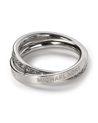 Crafted of silver plate with inset cubic zirconia stones, these interlocking rings from Michael Kors are a subtle yet striking way to nod to the brand's glamor. Crafted of silver plate with inset cubic zirconia stones, these interlocking rings from Michael Kors are a subtle yet striking way to nod to the brand's glamor.