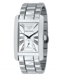 A classic timepiece, perfect for work or play. Stainless steel bracelet and case. Silvertone dial with logo, stylized black Roman numerals and subdial. Two-hand, quartz movement. Water resistant to 30 meters. A classic timepiece, perfect for work or play. Stainless steel bracelet and case. Silvertone dial with logo, stylized black Roman numerals and subdial. Two-hand, quartz movement. Water resistant to 30 meters.