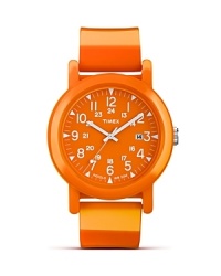 A simple design based on vintage style, this round faced watch from Timex is updated with modern features and an orange strap. A simple design based on vintage style, this round faced watch from Timex is updated with modern features and an orange strap.