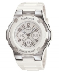 A chic, sporty white watch from Baby-G to keep you in check all the time. White resin strap and round stainless steel case. White shock-resistant, analog-digital dial with LED light, afterglow, alarms, snooze, timer, stopwatch, calendar and world time. Quartz movement. Water resistant to 100 meters. One-year limited warranty. A chic, sporty white watch from Baby-G to keep you in check all the time. White resin strap and round stainless steel case. White shock-resistant, analog-digital dial with LED light, afterglow, alarms, snooze, timer, stopwatch, calendar and world time. Quartz movement. Water resistant to 100 meters. One-year limited warranty.
