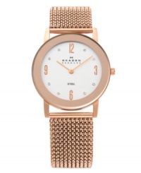 Warm up your everyday style with this easy on/easy off watch by Skagen Denmark. Rose-gold tone stainless steel mesh expansion bracelet and round case. White dial features applied rose-gold tone numerals at twelve, three, six and nine o'clock, dot markers, eight crystal elements by Swarovski, two rose-gold tone hands and logo. Quartz movement. Water resistant to 30 meters. Limited lifetime warranty. Warm up your everyday style with this easy on/easy off watch by Skagen Denmark. Rose-gold tone stainless steel mesh expansion bracelet and round case. White dial features applied rose-gold tone numerals at twelve, three, six and nine o'clock, dot markers, eight crystal elements by Swarovski, two rose-gold tone hands and logo. Quartz movement. Water resistant to 30 meters. Limited lifetime warranty.