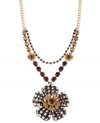 Plentiful petals from Betsey Johnson. This pendant necklace embellishes your look with brown tone chains, topaz crystals cup chains, gold tone flowers with crystal accents, brown tone flower with glass pearls and gold tone flower with topaz crystals accents. Crafted in gold tone mixed metal. Approximate length: 18 inches + 3-inch extender. Approximate drop: 2-3/4 inches. Plentiful petals from Betsey Johnson. This pendant necklace embellishes your look with brown tone chains, topaz crystals cup chains, gold tone flowers with crystal accents, brown tone flower with glass pearls and gold tone flower with topaz crystals accents. Crafted in gold tone mixed metal. Approximate length: 18 inches + 3-inch extender. Approximate drop: 2-3/4 inches.