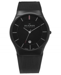 Black-on-black makes a bold statement on this Skagen Denmark watch. Black-on-black makes a bold statement on this Skagen Denmark watch.