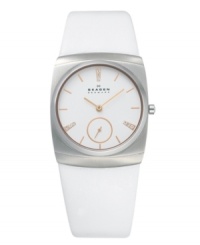 Display your own modern art with this masterpiece by Skagen Denmark. Watch crafted of white leather strap and round stainless steel case. White dial features rose-gold tone stick indices, three crystal accents at twelve, four and eight o'clock, second subdial at six o'clock, two hands and logo. Display your own modern art with this masterpiece by Skagen Denmark. Watch crafted of white leather strap and round stainless steel case. White dial features rose-gold tone stick indices, three crystal accents at twelve, four and eight o'clock, second subdial at six o'clock, two hands and logo.