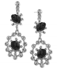 Ornate elegance. Flowers take center stage in these drop earrings from 2028. Crafted from silver-tone mixed metal, the pair features glass crystal stones along with the jet-colored flower details for a stunning look. Approximate drop: 2-1/4 inches. Ornate elegance. Flowers take center stage in these drop earrings from 2028. Crafted from silver-tone mixed metal, the pair features glass crystal stones along with the jet-colored flower details for a stunning look. Approximate drop: 2-1/4 inches.