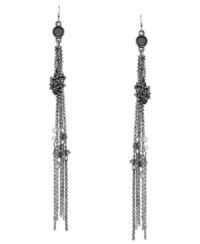 Fringe benefits. Delicate chains and clear and grey-colored glass accents adorn Jessica Simpson's chic, shoulder-dusting style. Earrings crafted in silver tone mixed metal on ear wire. Approximate drop: 4-1/2 inches. Fringe benefits. Delicate chains and clear and grey-colored glass accents adorn Jessica Simpson's chic, shoulder-dusting style. Earrings crafted in silver tone mixed metal on ear wire. Approximate drop: 4-1/2 inches.