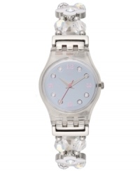 Fall in love with this ladylike link bracelet watch from Swatch's First Romance collection. With floral motifs and rows of crystal beads, you'll add elegance to your daily look. Fall in love with this ladylike link bracelet watch from Swatch's First Romance collection. With floral motifs and rows of crystal beads, you'll add elegance to your daily look.