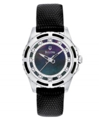 Enchanting elegance, by Bulova. Watch crafted of black lizard leather strap and round stainless steel case. Black enamel at bezel. Black mother-of-pearl dial features diamond accents at markers, inner silver tone ring with minute track, three hands and logo. Quartz movement. Water resistant to 30 meters. Three-year limited warranty. Enchanting elegance, by Bulova. Watch crafted of black lizard leather strap and round stainless steel case. Black enamel at bezel. Black mother-of-pearl dial features diamond accents at markers, inner silver tone ring with minute track, three hands and logo. Quartz movement. Water resistant to 30 meters. Three-year limited warranty.