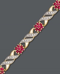 Fluid floral design adds an element of beauty to your look. Victoria Townsend bracelet features round-cut rubies (1-1/5 ct. t.w.) and rows of sparkling diamond accents in a 18k gold over sterling silver swirl setting. Approximate length: 7 inches. Fluid floral design adds an element of beauty to your look. Victoria Townsend bracelet features round-cut rubies (1-1/5 ct. t.w.) and rows of sparkling diamond accents in a 18k gold over sterling silver swirl setting. Approximate length: 7 inches.