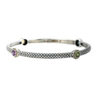 925 Silver, Amethyst, Blue Topaz, Peridot & Citrine Round Stone Stackable Bangle with 18k Gold Accents- 8 IN