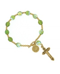 Get faith-inspired style with rosary-themed jewelry by Vatican. Bracelet features a gold tone mixed metal chain, charm, and cross accented by plastic olivine beads. Approximate length: 6-1/2 inches. Approximate charm drop: 1-3/4 inches. Get faith-inspired style with rosary-themed jewelry by Vatican. Bracelet features a gold tone mixed metal chain, charm, and cross accented by plastic olivine beads. Approximate length: 6-1/2 inches. Approximate charm drop: 1-3/4 inches.
