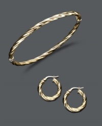 The perfect present for under the tree. Take her breath away this season with a 14k gold and sterling silver twist bangle and hoop earring set. Approximate bangle diameter: 2-1/2 inches. Approximate earring diameter: 5/8 inch. The perfect present for under the tree. Take her breath away this season with a 14k gold and sterling silver twist bangle and hoop earring set. Approximate bangle diameter: 2-1/2 inches. Approximate earring diameter: 5/8 inch.