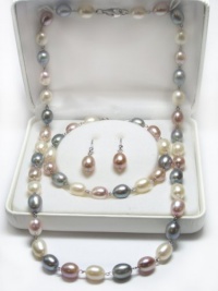 7-8mm Natural Multicolor Oval Freshwater Pearl Wire-Wrapped Necklace, Bracelet, and Dangle Earring Set in Sterling Silver 7-8mm Natural Multicolor Oval Freshwater Pearl Wire-Wrapped Necklace, Bracelet, and Dangle Earring Set in Sterling Silver