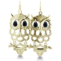 GOLD TONE OWL EAR W/BLK Delicate Gold Tone Perched Owl Dangle Earrings GOLD TONE OWL EAR W/BLK Delicate Gold Tone Perched Owl Dangle Earrings