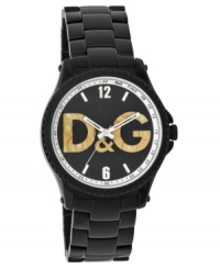 Make your mark with distinctive design. Watch by D&G crafted of black ion-plated stainless steel bracelet and round case. Black grid-patterned dial features white minute track, white numerals and stick indices, large cut-out logo revealing inner gold tone gears and thre hands. Quartz movement. Water resistant to 30 meters. Two-year limited warranty. Make your mark with distinctive design. Watch by D&G crafted of black ion-plated stainless steel bracelet and round case. Black grid-patterned dial features white minute track, white numerals and stick indices, large cut-out logo revealing inner gold tone gears and thre hands. Quartz movement. Water resistant to 30 meters. Two-year limited warranty.