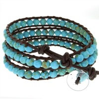 24 Blue Beads On Brown Leather Wrap Bracelet With Snap Button Lock 24 Blue Beads On Brown Leather Wrap Bracelet With Snap Button Lock