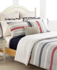Show your stripes! Featuring a yarn-dyed herringbone and twill weave in stripes of navy, red and ivory, the Tommy Hilfiger Newport Bay duvet cover set renews your bed in classic American style. Reverses to navy pinstripe print. Sham features side button closure. Show your stripes! Featuring a yarn-dyed herringbone and twill weave in stripes of navy, red and ivory, the Tommy Hilfiger Newport Bay duvet cover set renews your bed in classic American style. Reverses to navy pinstripe print. Sham features side button closure.