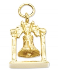 An iconic symbol of American independence, the liberty bell makes a symbolic addition to your jewelry collection. Charm crafted in 14k gold with a unique 3D design and the words Liberty Bell inscribed on the bottom. Chain not included. Approximate length: 8/10 inch. Approximate width: 1/2 inch. An iconic symbol of American independence, the liberty bell makes a symbolic addition to your jewelry collection. Charm crafted in 14k gold with a unique 3D design and the words Liberty Bell inscribed on the bottom. Chain not included. Approximate length: 8/10 inch. Approximate width: 1/2 inch.
