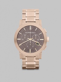 Sleek stainless steel case and link bracelet with warm rose goldtone accents and a signature check stamped dial.Quartz movementChronograph dialRound bezelWater resistant to 5ATMDate display at 4 o'clockSecond handStainless steel case: 42mm(1.65)Stainless steel link braceletImported Sleek stainless steel case and link bracelet with warm rose goldtone accents and a signature check stamped dial.Quartz movementChronograph dialRound bezelWater resistant to 5ATMDate display at 4 o'clockSecond handStainless steel case: 42mm(1.65)Stainless steel link braceletImported