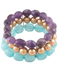 Infuse your look with the perfect combination of color and sophistication. Carolee's elegant three-row bracelet combines amethyst beads (4-1/2 ct. t.w.), burnished gold glass pearls and turquoise-hued glass stones in a gold-plated mixed metal setting. Bracelet stretches to fit wrist. Approximate diameter: 3-1/4 inches. Infuse your look with the perfect combination of color and sophistication. Carolee's elegant three-row bracelet combines amethyst beads (4-1/2 ct. t.w.), burnished gold glass pearls and turquoise-hued glass stones in a gold-plated mixed metal setting. Bracelet stretches to fit wrist. Approximate diameter: 3-1/4 inches.