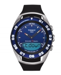 Touch screen technology with all the functions you require, the Sailing Touch by Tissot. Black rubber strap and round stainless steel case. Blue rotating bezel with white numerals. Blue dial features logo, luminous hands, back light, two alarms, compass, countdown timer, chronograph, meteorological trend indicator, tide and two time zones. Swiss quartz movement. Water resistant to 100 meters. Two-year limited warranty. Touch screen technology with all the functions you require, the Sailing Touch by Tissot. Black rubber strap and round stainless steel case. Blue rotating bezel with white numerals. Blue dial features logo, luminous hands, back light, two alarms, compass, countdown timer, chronograph, meteorological trend indicator, tide and two time zones. Swiss quartz movement. Water resistant to 100 meters. Two-year limited warranty.