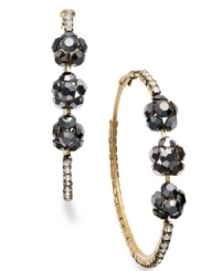 Set the mood. These intriguing hoop earrings from INC International Concepts combine hematite glass stones, crystal accents and a golden shine. Crafted in a gold tone mixed metal setting. Approximate diameter: 2-1/4 inches. Set the mood. These intriguing hoop earrings from INC International Concepts combine hematite glass stones, crystal accents and a golden shine. Crafted in a gold tone mixed metal setting. Approximate diameter: 2-1/4 inches.