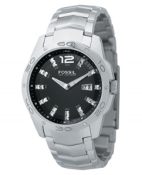 Timeless style for every day. Polished stainless steel bracelet and case. Black dial with sparkling Swarovski crystal indexes. Two-hand, quartz movement. Water resistant to 100 meters. Timeless style for every day. Polished stainless steel bracelet and case. Black dial with sparkling Swarovski crystal indexes. Two-hand, quartz movement. Water resistant to 100 meters.