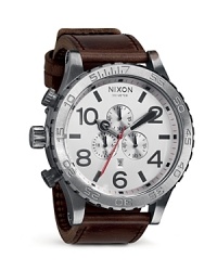 Put a military-inspired on your day-to-day looks with this watch from Nixon, boasting a brushed silver dial and commanding leather strap. It's bold round face give it a timeless feel, backed up by precision Japanese movement and rotating bezel. Put a military-inspired on your day-to-day looks with this watch from Nixon, boasting a brushed silver dial and commanding leather strap. It's bold round face give it a timeless feel, backed up by precision Japanese movement and rotating bezel.