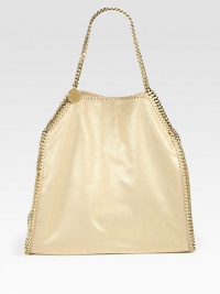A shimmery faux suede design trimmed with whip stitch and link chain trim.Double chain shoulder straps, 8½ dropTop snap closureOne inside zip pocketOne inside open pocketOne detachable zip pouchFully lined17W X 16½H X 4½DMade in Italy A shimmery faux suede design trimmed with whip stitch and link chain trim.Double chain shoulder straps, 8½ dropTop snap closureOne inside zip pocketOne inside open pocketOne detachable zip pouchFully lined17W X 16½H X 4½DMade in Italy