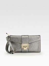EXCLUSIVELY AT SAKS IN PEARL GREY. A light-catching metallic leather essential in a compact size, topped with signature metal hardware. Adjustable wrist strap, 6-7 dropFlap-lock closureOne inside zip pocketFully lined9¾W X 5¾H X 1½DMade in Italy EXCLUSIVELY AT SAKS IN PEARL GREY. A light-catching metallic leather essential in a compact size, topped with signature metal hardware. Adjustable wrist strap, 6-7 dropFlap-lock closureOne inside zip pocketFully lined9¾W X 5¾H X 1½DMade in Italy