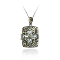 Sterling Silver Genuine Blue Topaz Marcasite Flower Locket Sterling Silver Genuine Blue Topaz Marcasite Flower Locket