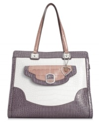 Trust your animal instincts with this croc-embossed design from GUESS that lends a fashionably fierce look to any ensemble. Cool colorblocking and signature details add interest, while the ultra-roomy interior stashes your stuff stylishly. Trust your animal instincts with this croc-embossed design from GUESS that lends a fashionably fierce look to any ensemble. Cool colorblocking and signature details add interest, while the ultra-roomy interior stashes your stuff stylishly.
