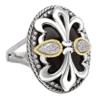 925 Silver, Onyx & Diamond Double Fleur De Lis Ring with 18k Gold Accents (0.09ctw)- Sizes 6-8 925 Silver, Onyx & Diamond Double Fleur De Lis Ring with 18k Gold Accents (0.09ctw)- Sizes 6-8