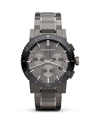 Whether at the beach, bar, or boardroom, this Burberry watch makes an unforgettable impression. Crafted of stainless steel with bold three-eye chronograph, it models sleek, modern style. Whether at the beach, bar, or boardroom, this Burberry watch makes an unforgettable impression. Crafted of stainless steel with bold three-eye chronograph, it models sleek, modern style.