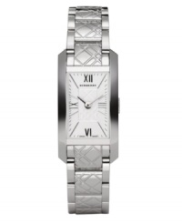 This Burberry timepiece features a stainless steel bracelet etched with signature check pattern and rectangular case. Silver tone dial with check-patterned inner dial features Roman numerals at twelve, three, six and nine o'clock, minute track, two hands and logo. Quartz movement. Water resistant to 30 meters. Two-year limited warranty. This Burberry timepiece features a stainless steel bracelet etched with signature check pattern and rectangular case. Silver tone dial with check-patterned inner dial features Roman numerals at twelve, three, six and nine o'clock, minute track, two hands and logo. Quartz movement. Water resistant to 30 meters. Two-year limited warranty.