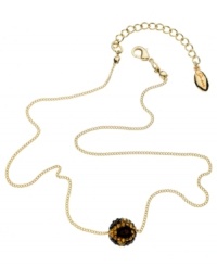 What to wear when you're on the prowl. GUESS's glistening fireball features a fierce leopard print in black epoxy and light Colorado topaz stones. Strung from a gold tone mixed metal chain. Approximate length: 16 inches + 2-inch extender. Approximate drop: 1/4 inch. What to wear when you're on the prowl. GUESS's glistening fireball features a fierce leopard print in black epoxy and light Colorado topaz stones. Strung from a gold tone mixed metal chain. Approximate length: 16 inches + 2-inch extender. Approximate drop: 1/4 inch.